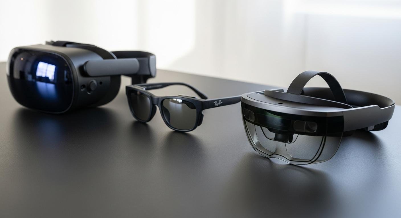 Realistic photo of AR, VR, and MR headsets representing the XR ecosystem.