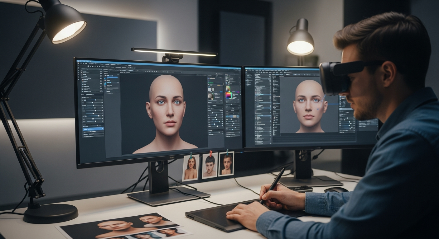 An XR developer using Metahuman Creator to build a realistic digital human for training simulations.