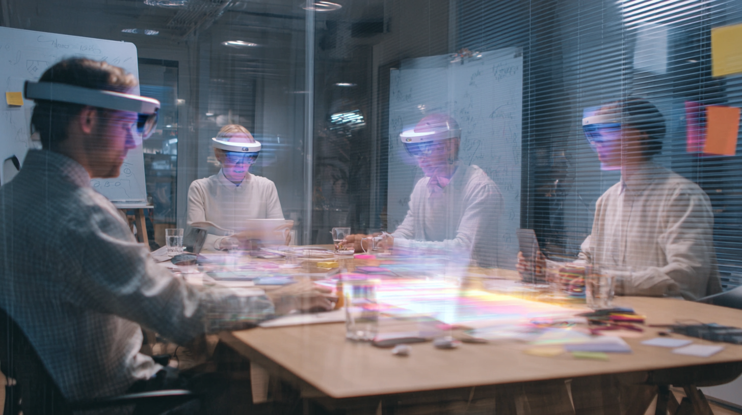 A team collaborating inside a metaverse-style shared workspace using MR headsets in a real meeting room.