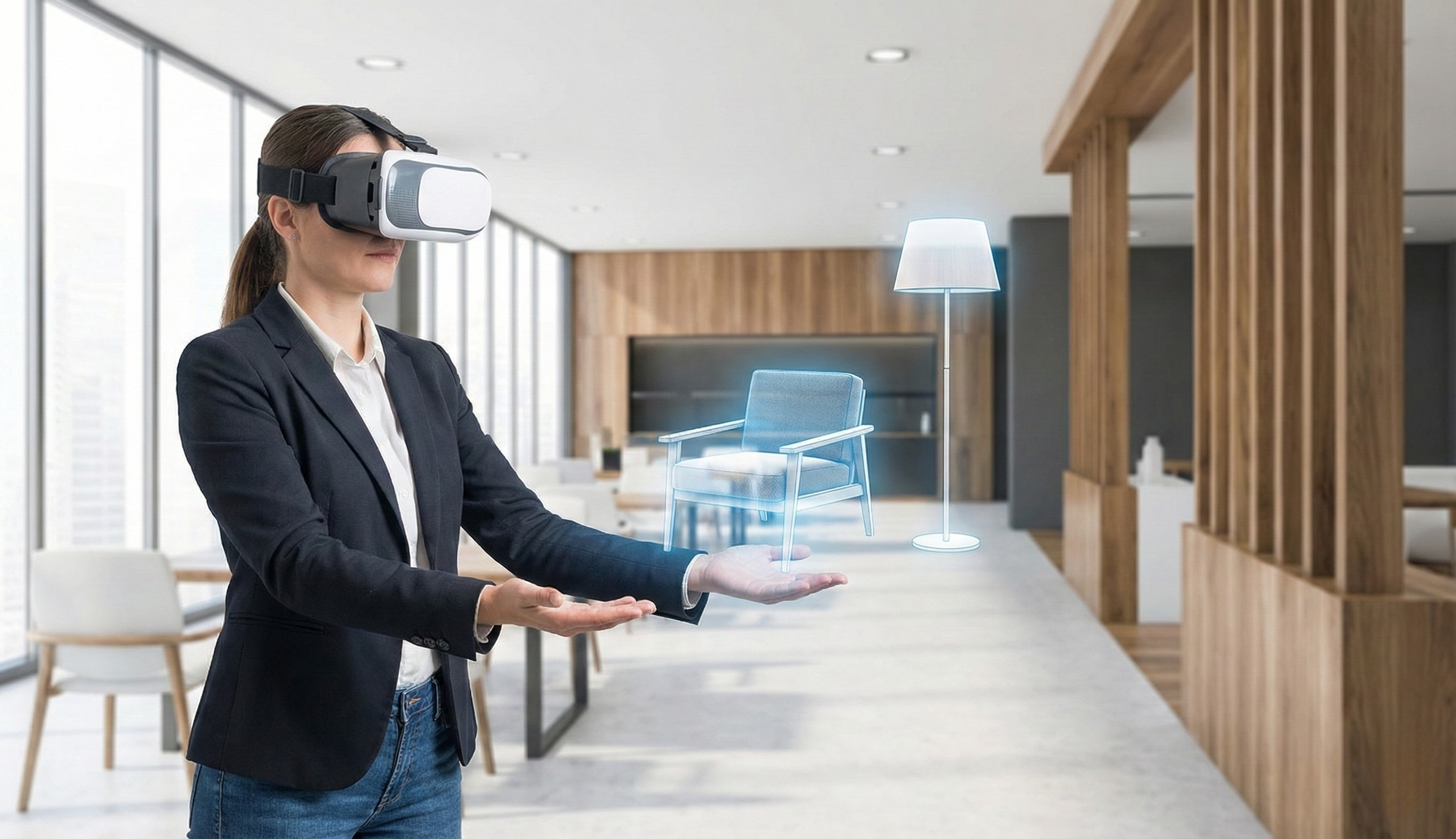 Person wearing a VR headset beside a virtual architectural model