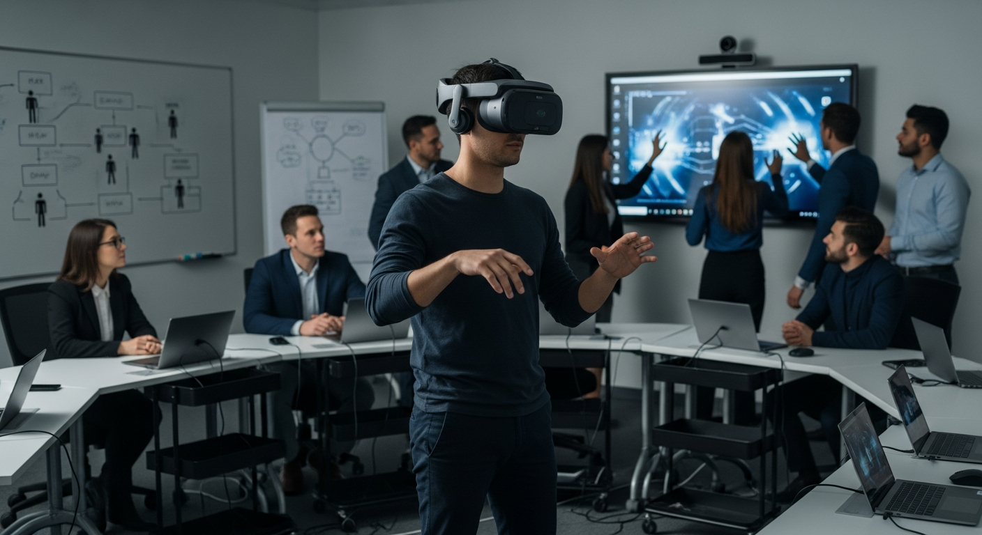 Employees participating in an XR-enhanced training session inside a real corporate training room.