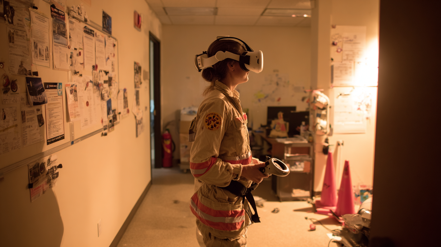 A trainee performing a VR emergency-response exercise inside a realistic training environment.