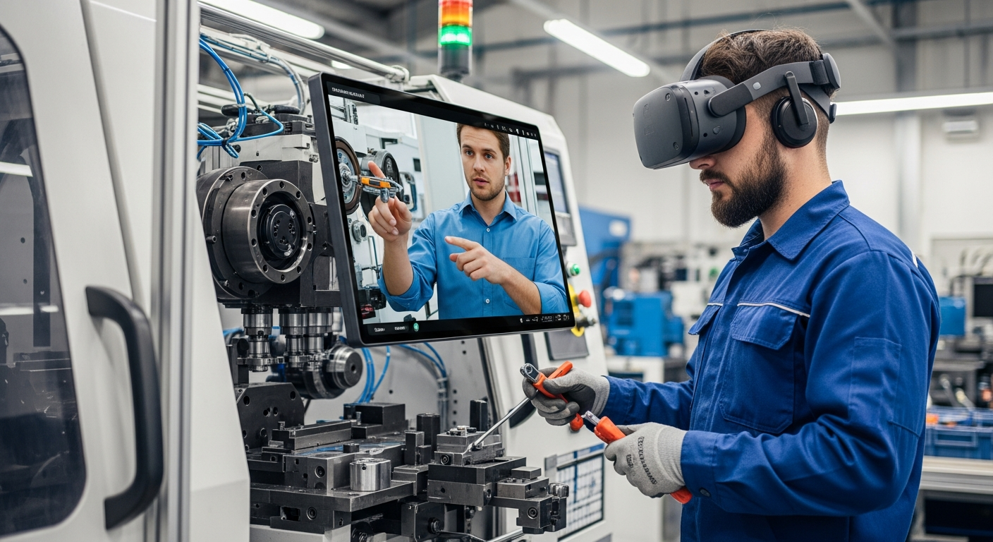 A technician receiving step-by-step XR guidance from a digital human while operating real industrial machinery.