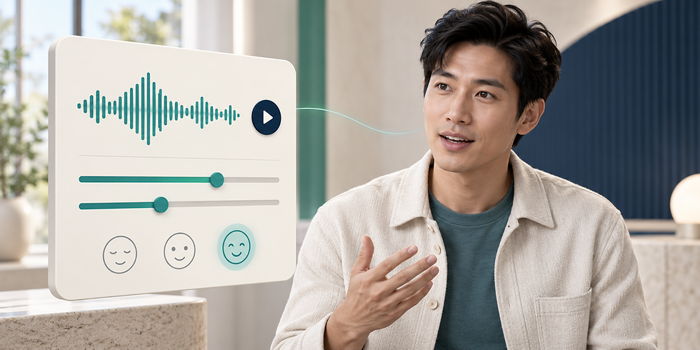 Expressive male AI avatar beside an audio waveform and controls for voice tone and personality.