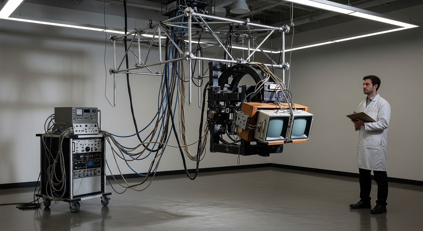 A 1990s AR research lab scene with early marker-tracking tools and bulky equipment