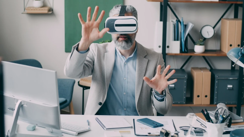 Business professional using a headset for a spatial computing experience