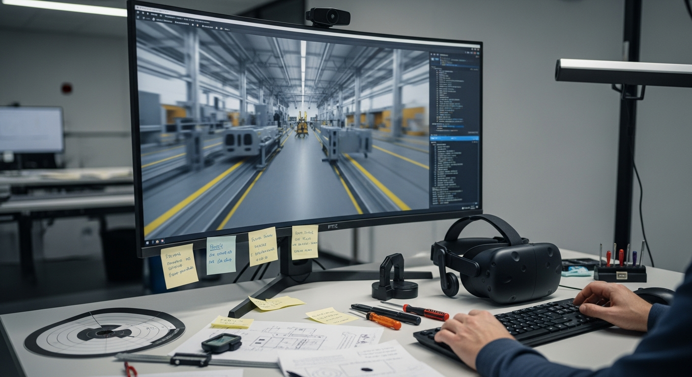 An XR developer building a virtual 3D environment on a workstation, showing how virtual worlds function technically.