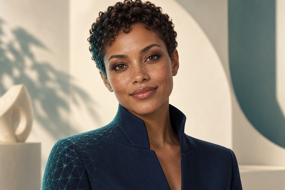 Lifelike female digital human in a navy jacket with a teal 3D mesh transitioning across her temple and shoulder