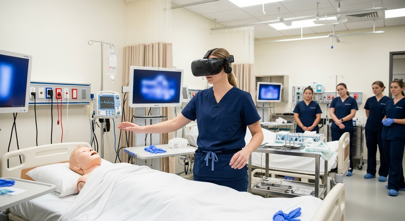 A healthcare student using VR in a medical training lab while practicing procedures on a real mannequin.