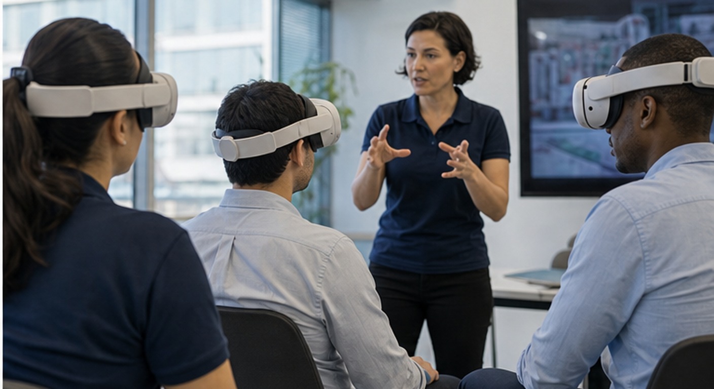 Trainer guiding employees through an enterprise XR onboarding session