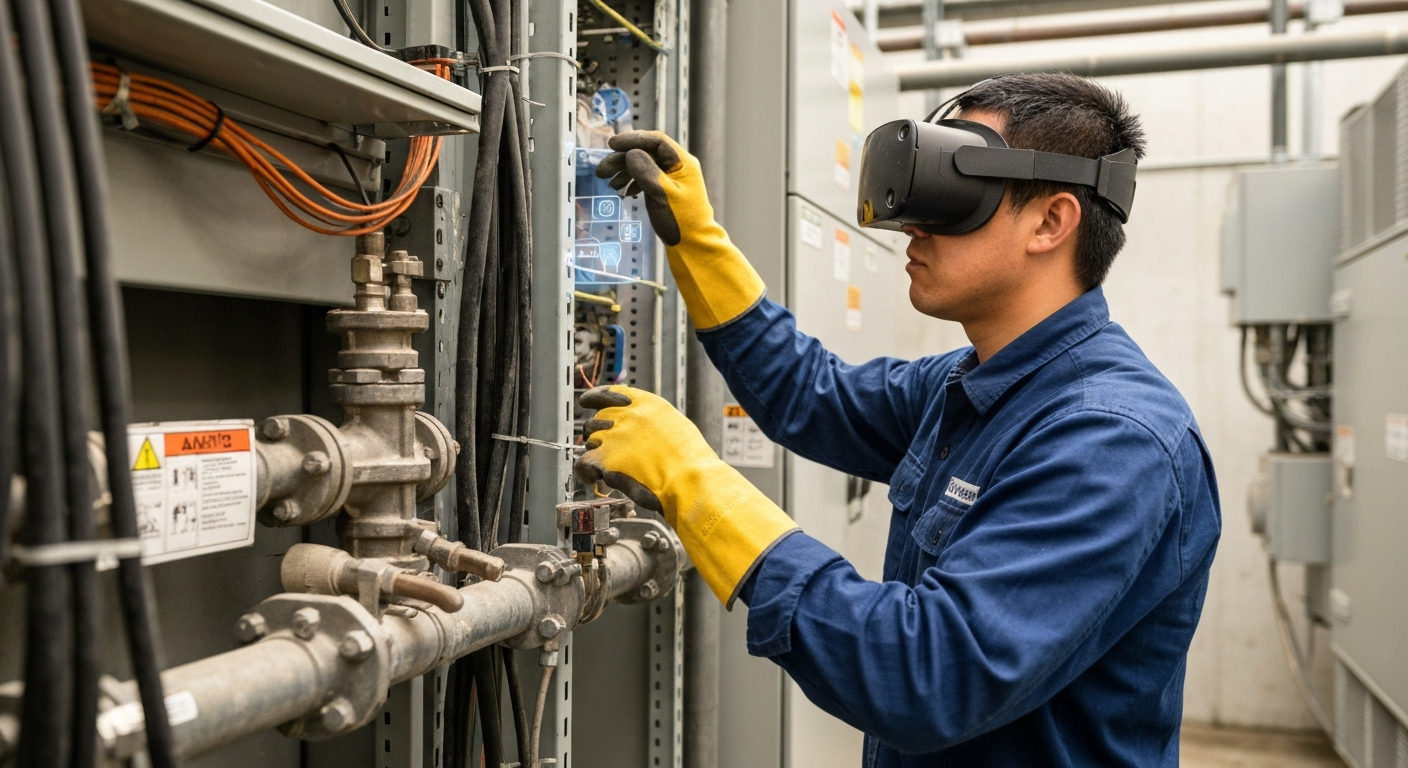 Technician wearing a headset while inspecting industrial equipment