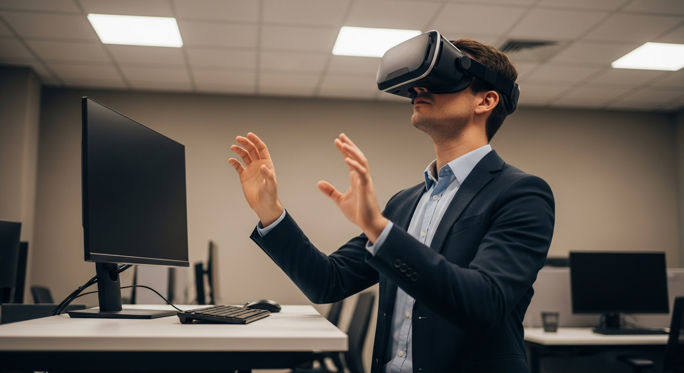 A VR headset used in a real workplace — no digital overlays, purely physical setup.