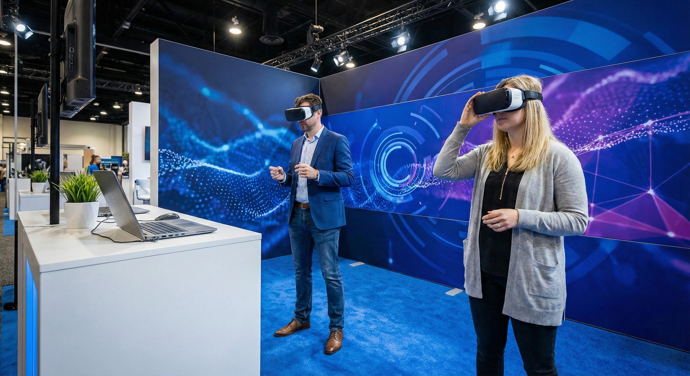 Visitors using VR headsets at a technology exhibition stand