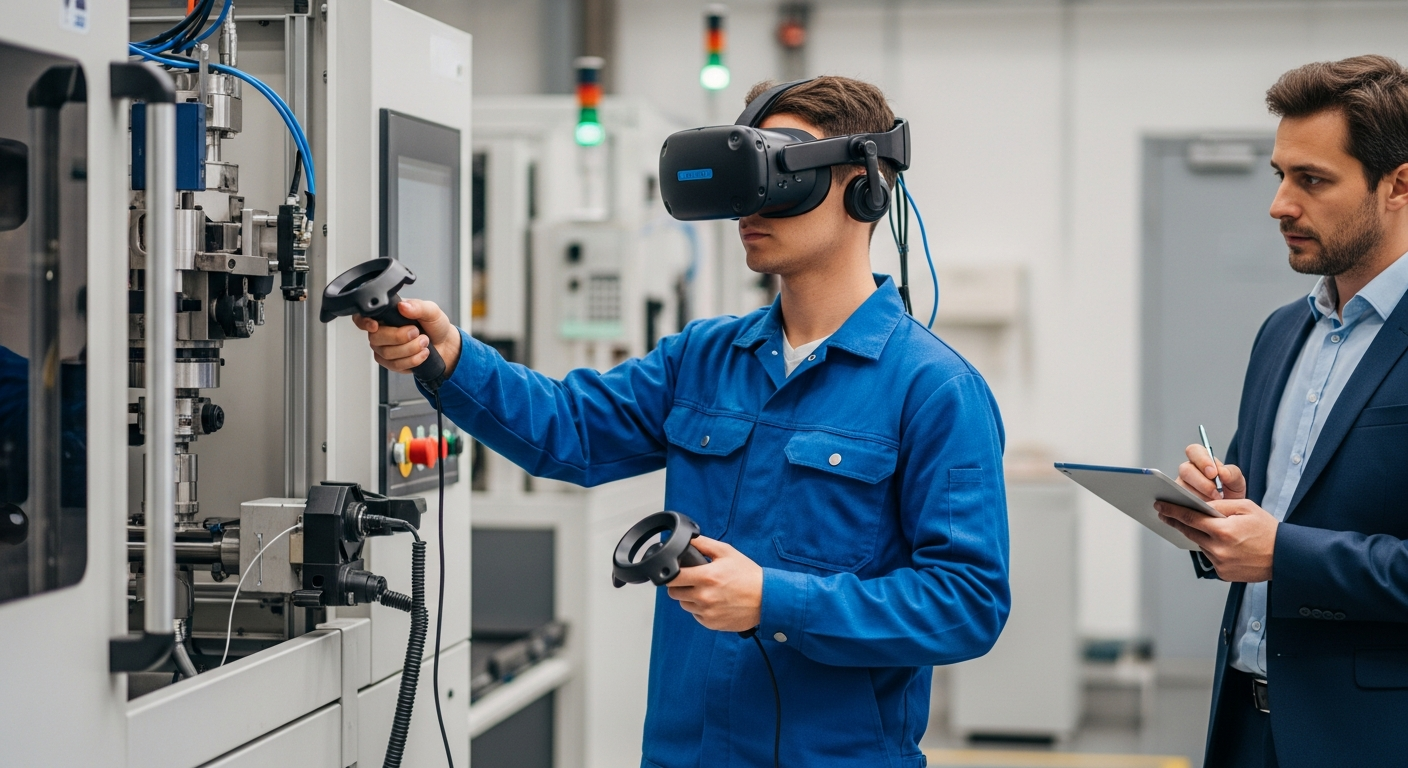 A technician using VR to rehearse standardized equipment procedures inside a real industrial training facility.