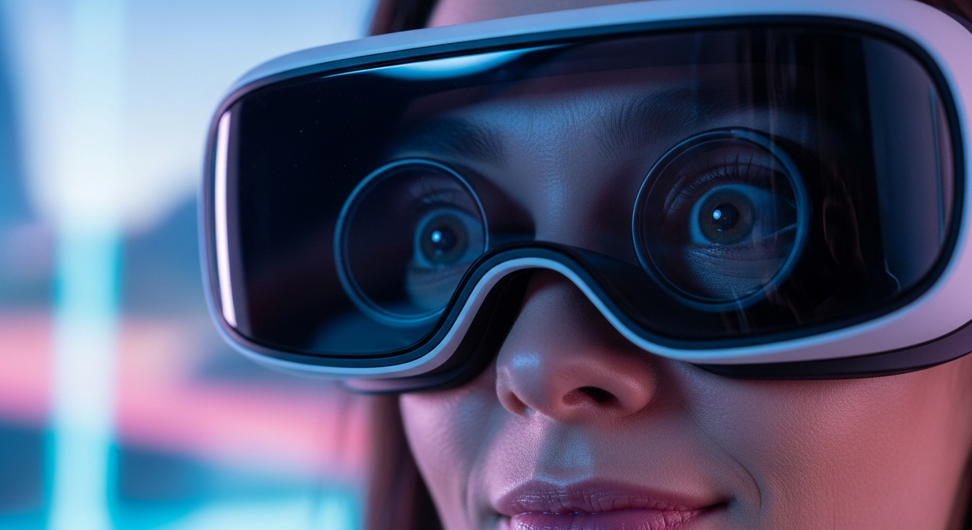 A detailed close-up of a VR user showing deep presence inside an immersive environment.