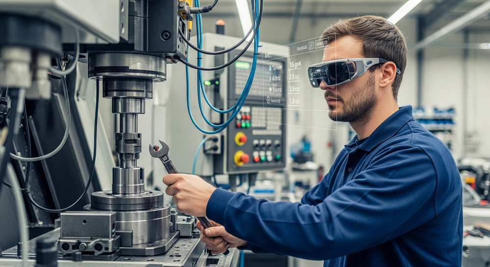 Field technician using AR glasses for remote expert guidance on industrial equipment