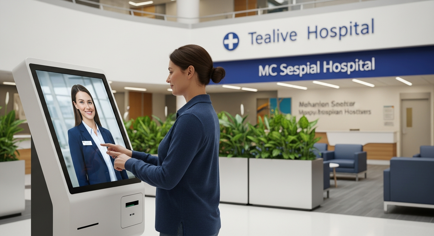 A hospital visitor using a touchscreen kiosk to interact with a digital human assistant for onboarding and support.