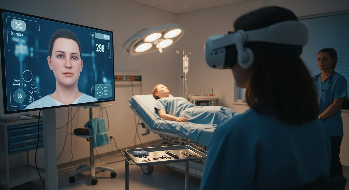 A medical trainee interacting with a realistic Metahuman patient avatar inside a VR clinical simulation.
