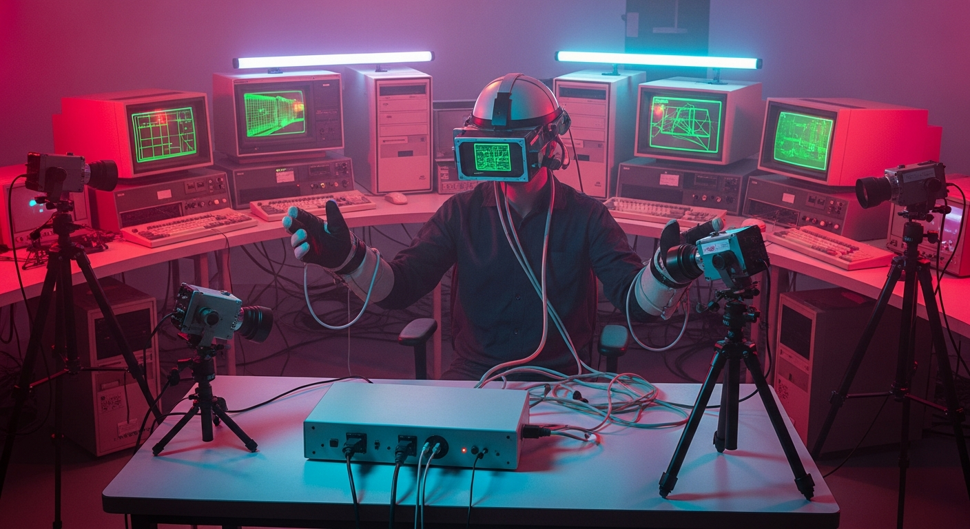 A clean modern tech scene showcasing today’s lightweight standalone VR headsets and controllers.