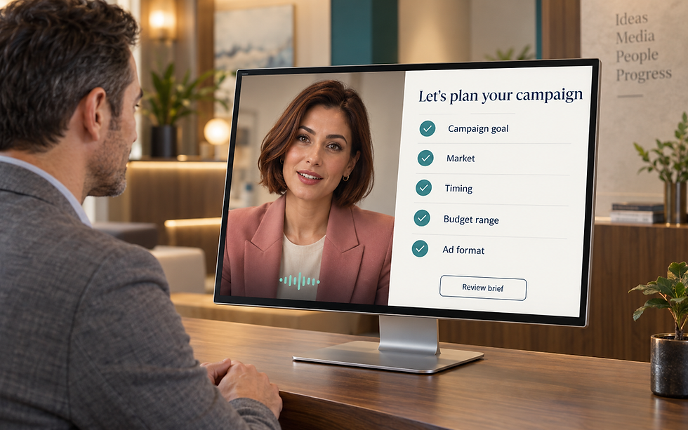 AI sales avatar collecting a media buyer’s campaign goals, market, timing, budget range and preferred advertising format
