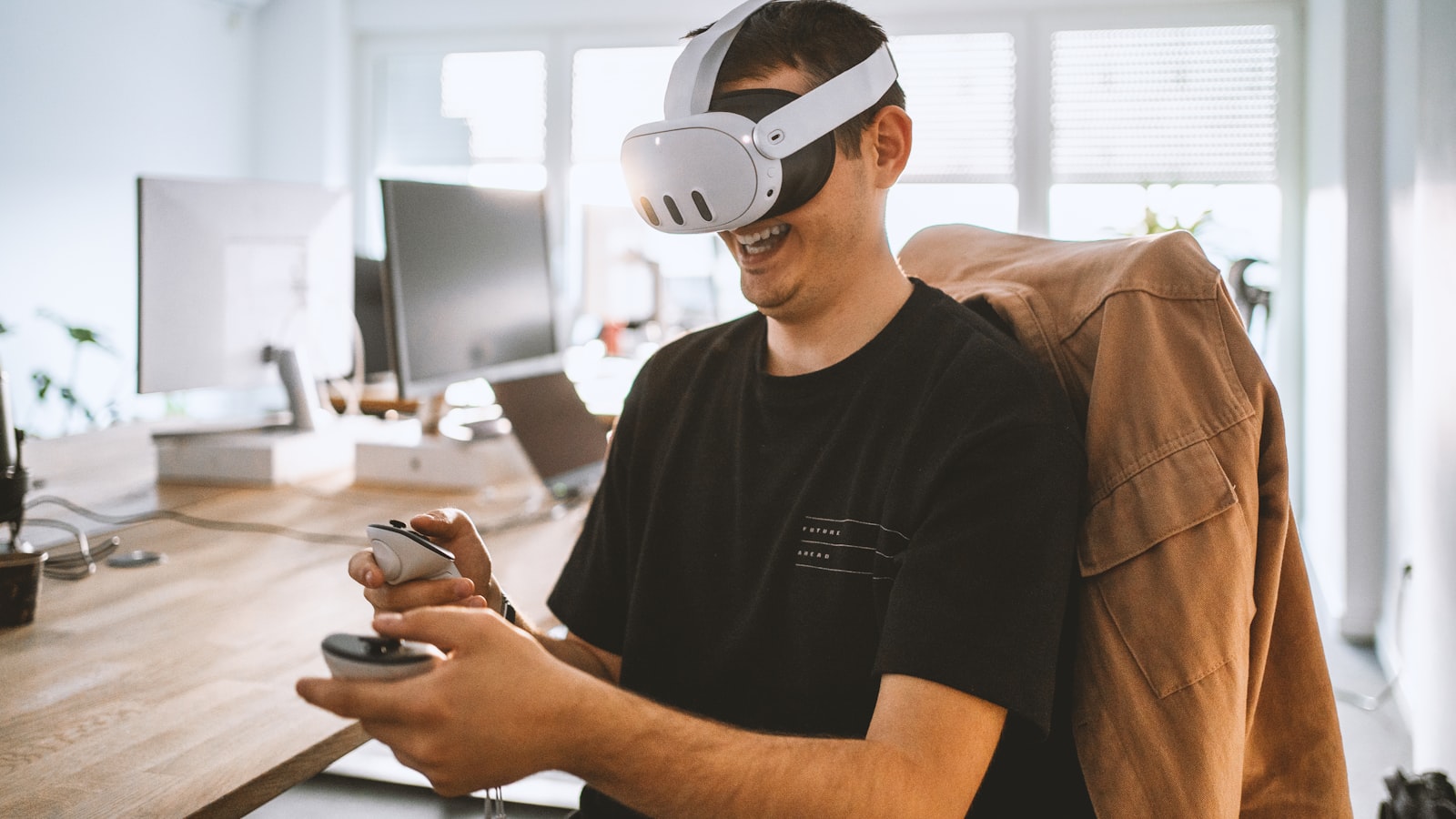 Business professional exploring a spatial computing experience in a modern office