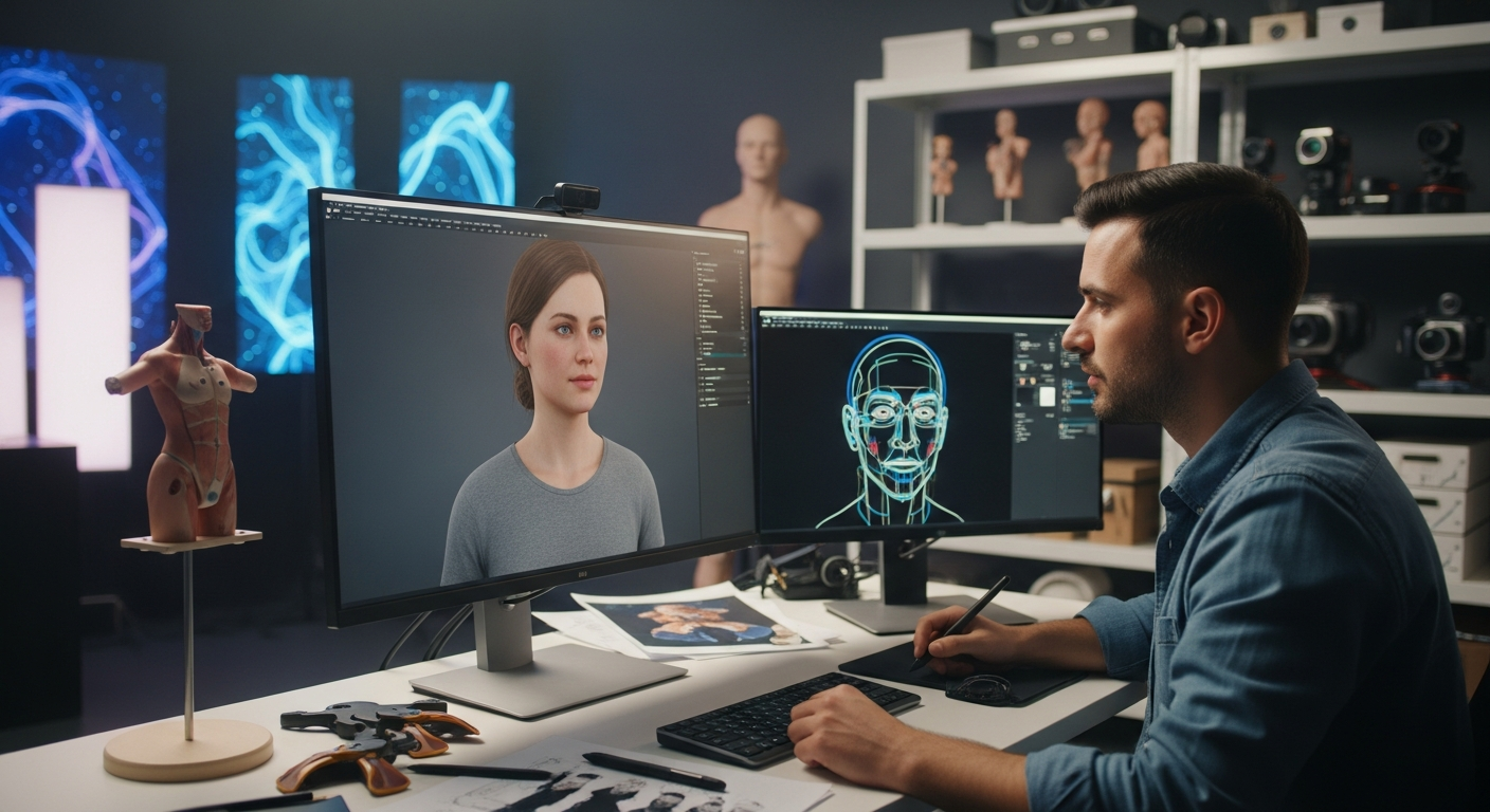 A developer working on a realistic digital human model for XR environments.