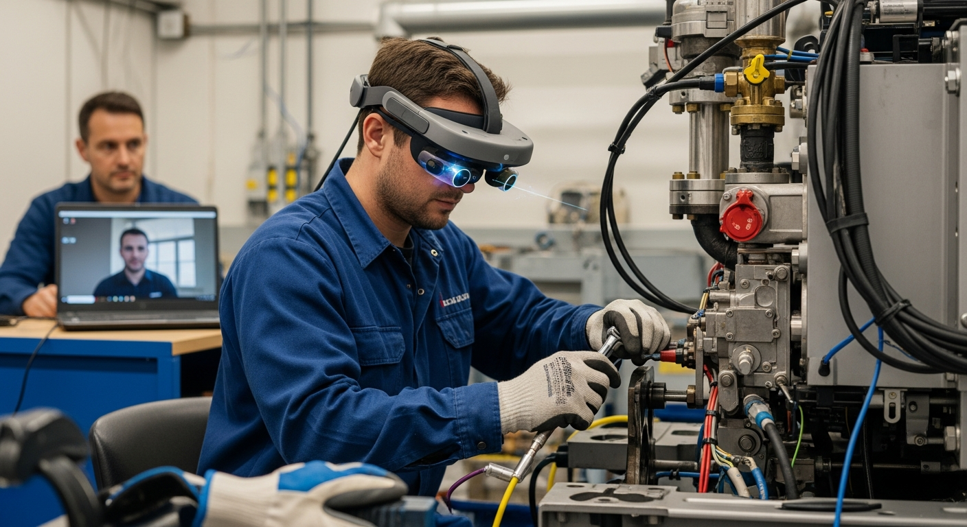 A field technician receiving AR-assisted step-by-step guidance while performing real equipment maintenance.