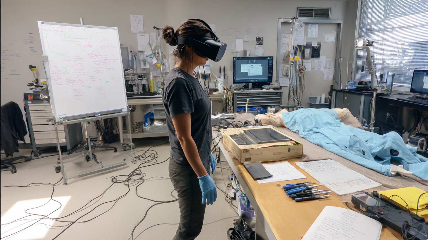 A trainee using a VR headset inside a real training room, practicing skills in a virtual environment.