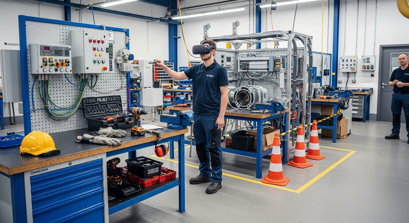 A vocational trainee using VR inside a real industrial workshop to practice machinery operation safely.