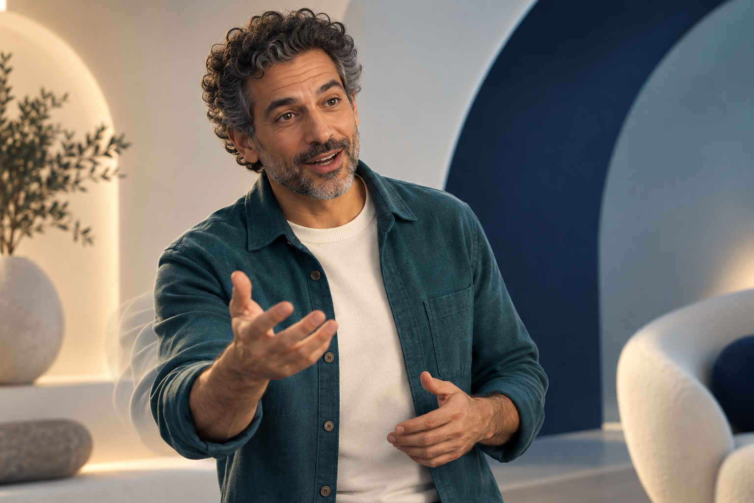 Expressive male digital human speaking with an open-hand gesture and subtle motion trails.