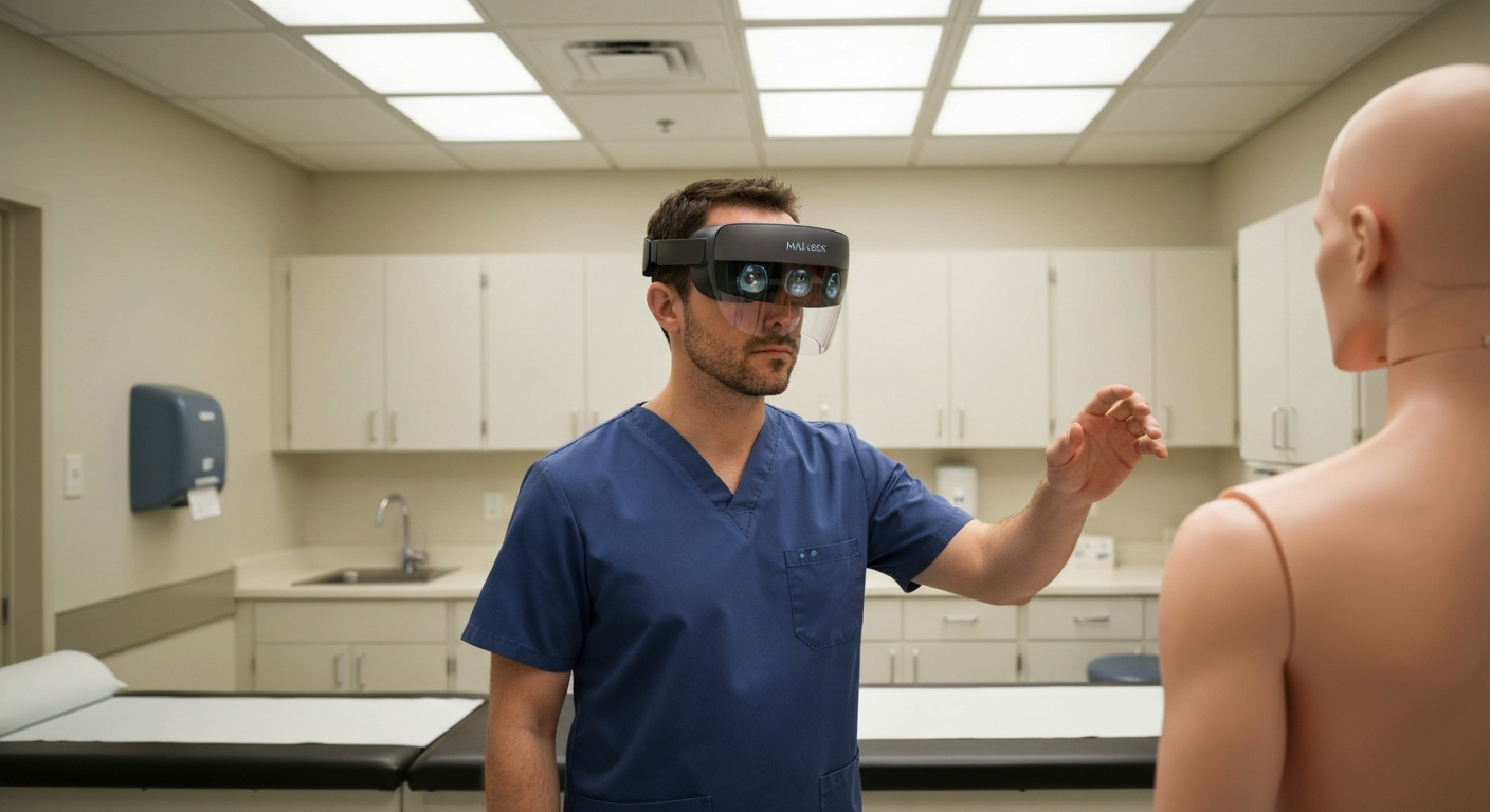 Medical trainee wearing a headset beside a patient mannequin