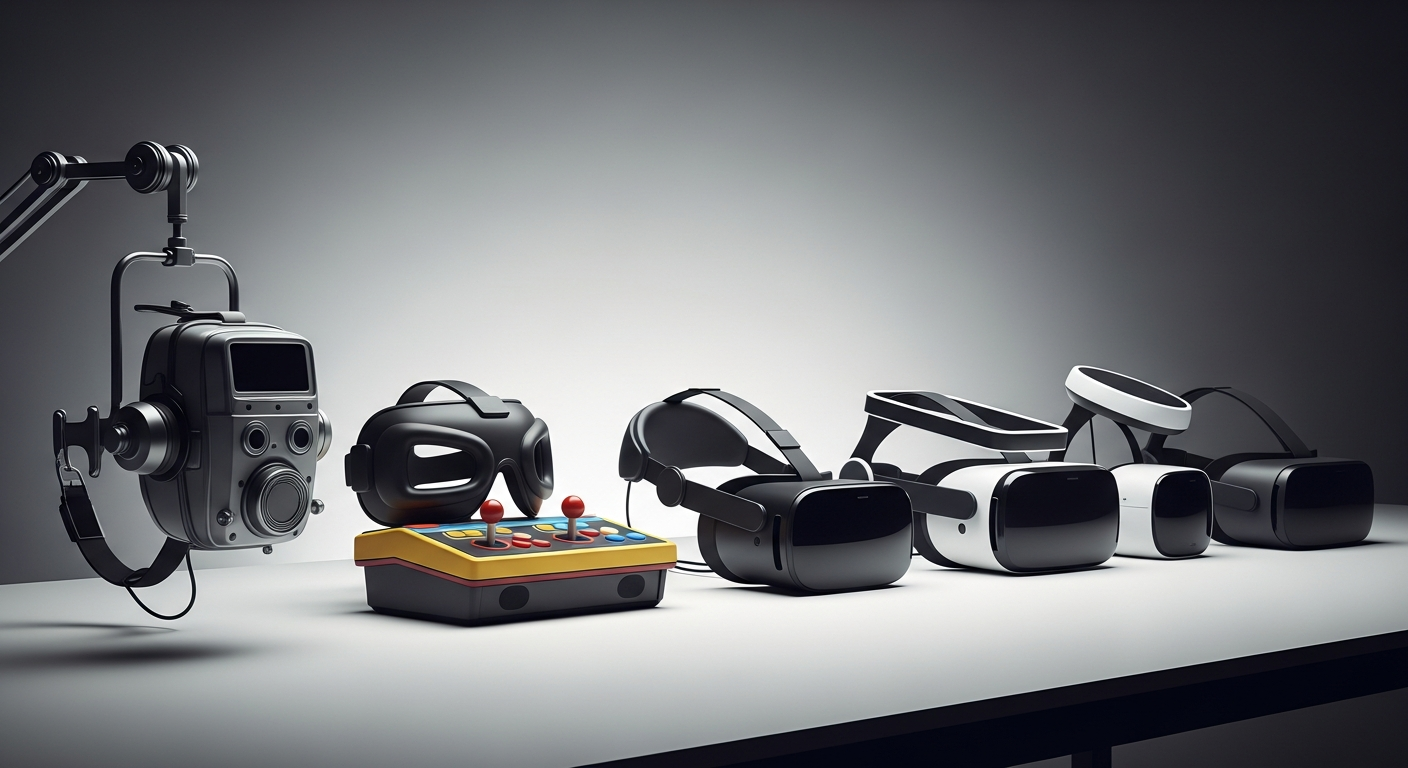 A photorealistic evolution-view showing VR headsets from past to present, with clean lighting and historical progression
