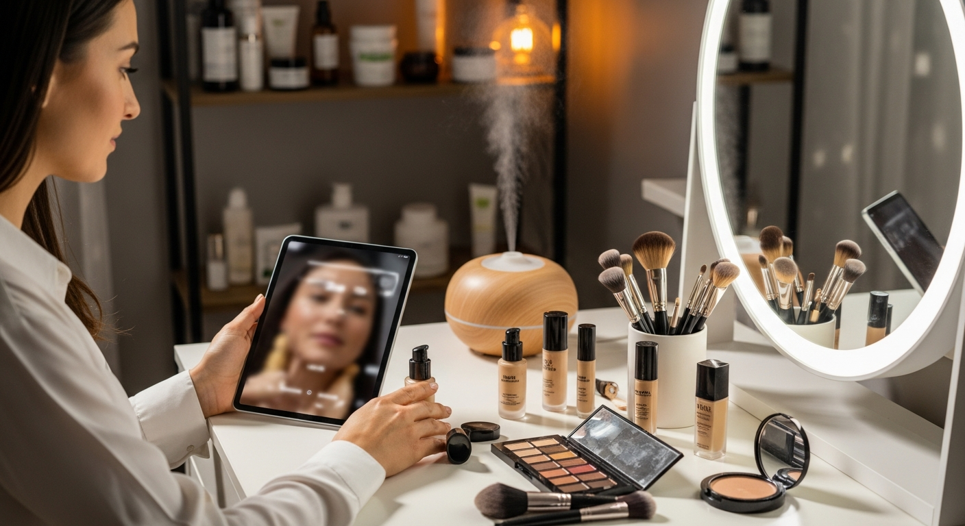 A shopper using AR shade-matching on a tablet to personalize beauty product selection.