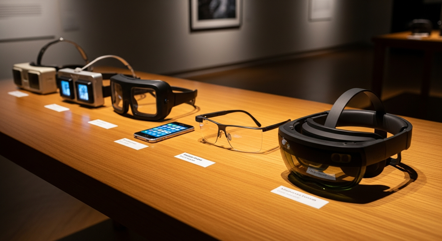 A realistic photo showing the evolution of physical AR hardware across decades