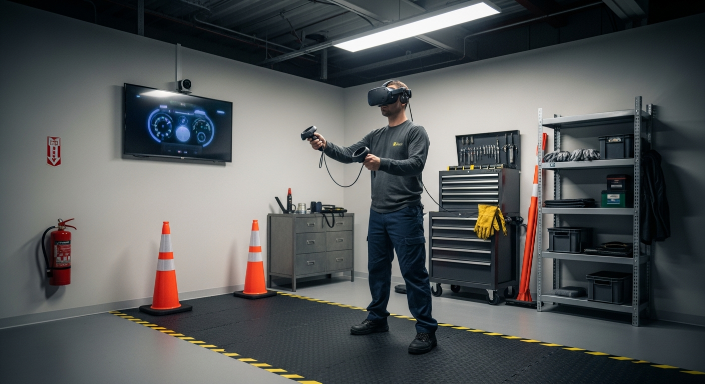 A worker practicing industrial safety procedures using VR inside a controlled training space.
