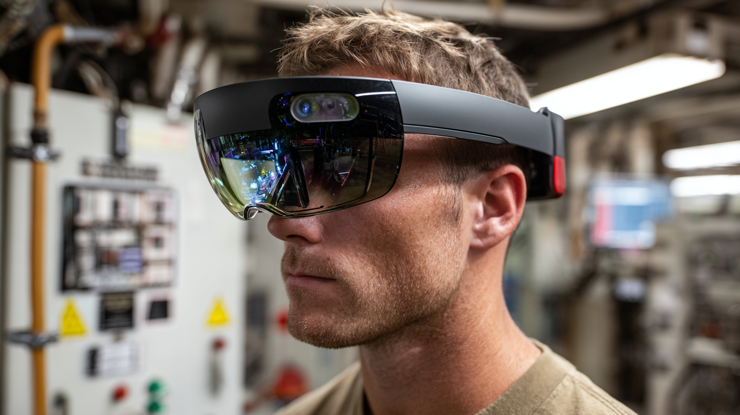 A worker using immersive technology through a mixed reality headset inside a real-world training environment.
