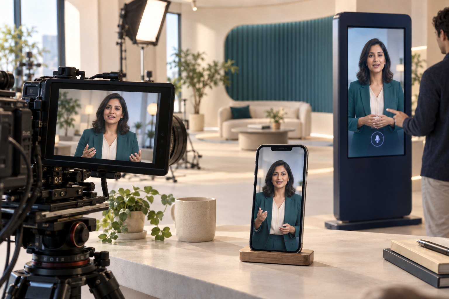 The same female AI presenter appears on a camera monitor, smartphone and interactive kiosk
