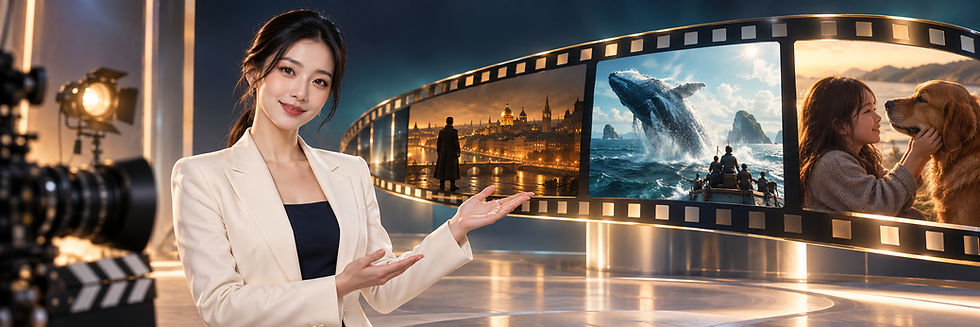 Female AI presenter in an ivory suit showcasing film previews beside a curved cinematic fi