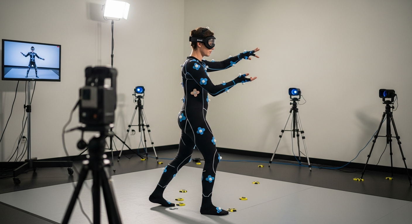 A performer recording body movement in a mocap studio to animate a Metahuman for XR training.