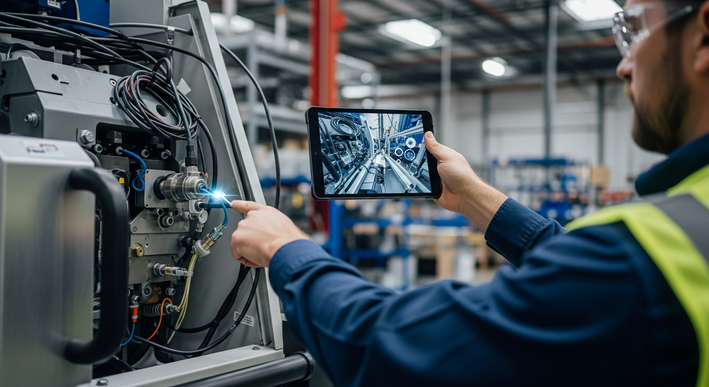 A technician using AR on a tablet for step-by-step equipment inspection in a live industrial setting.