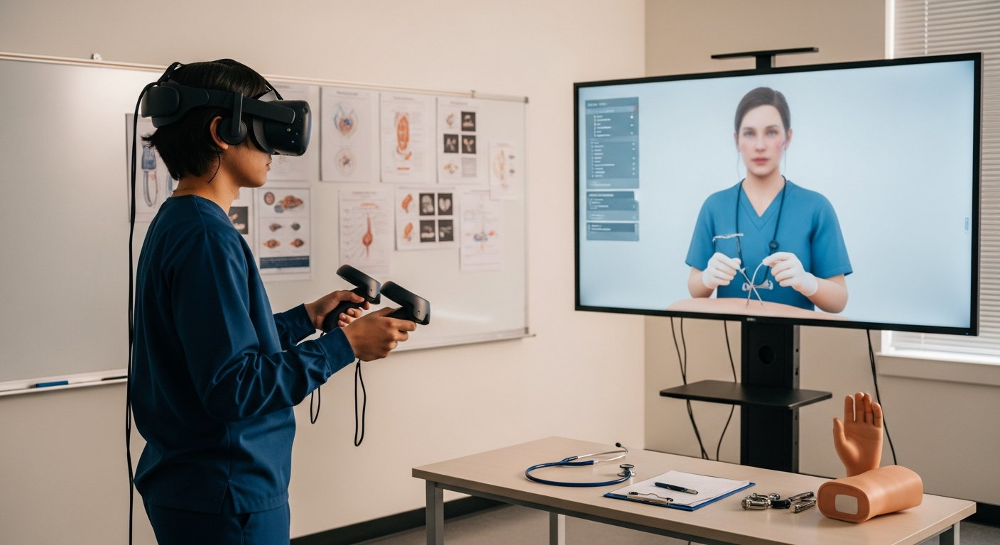 A VR trainee following instructions from a digital human instructor displayed on an external monitor.