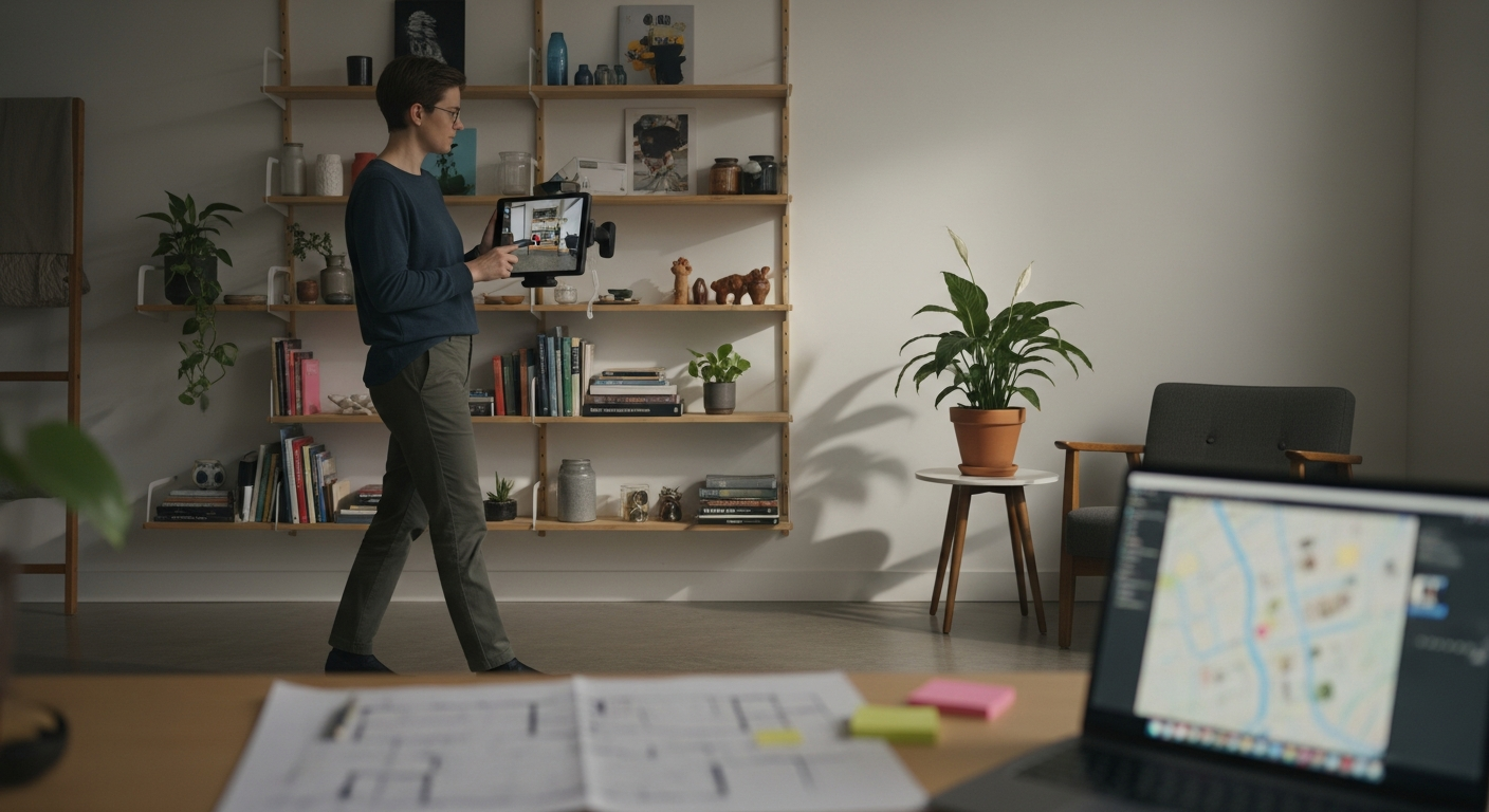 A researcher using a depth-enabled tablet to capture a room’s geometry for XR spatial mapping.