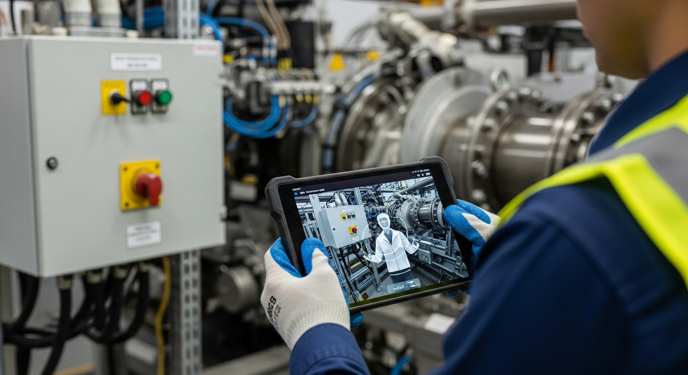 A technician receiving AR-assisted guidance from a digital human displayed on a tablet.