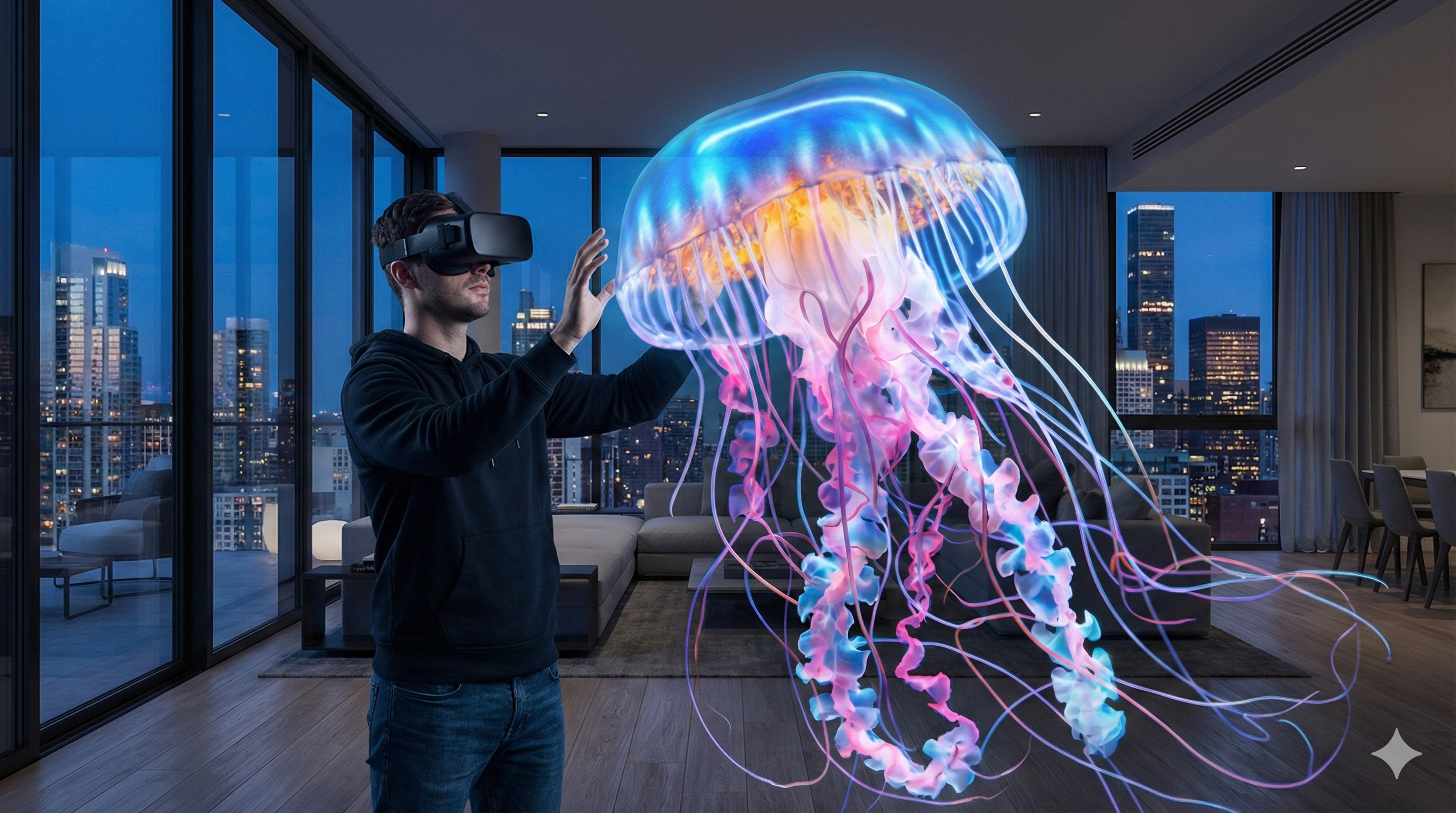 Person interacting with a colourful virtual jellyfish