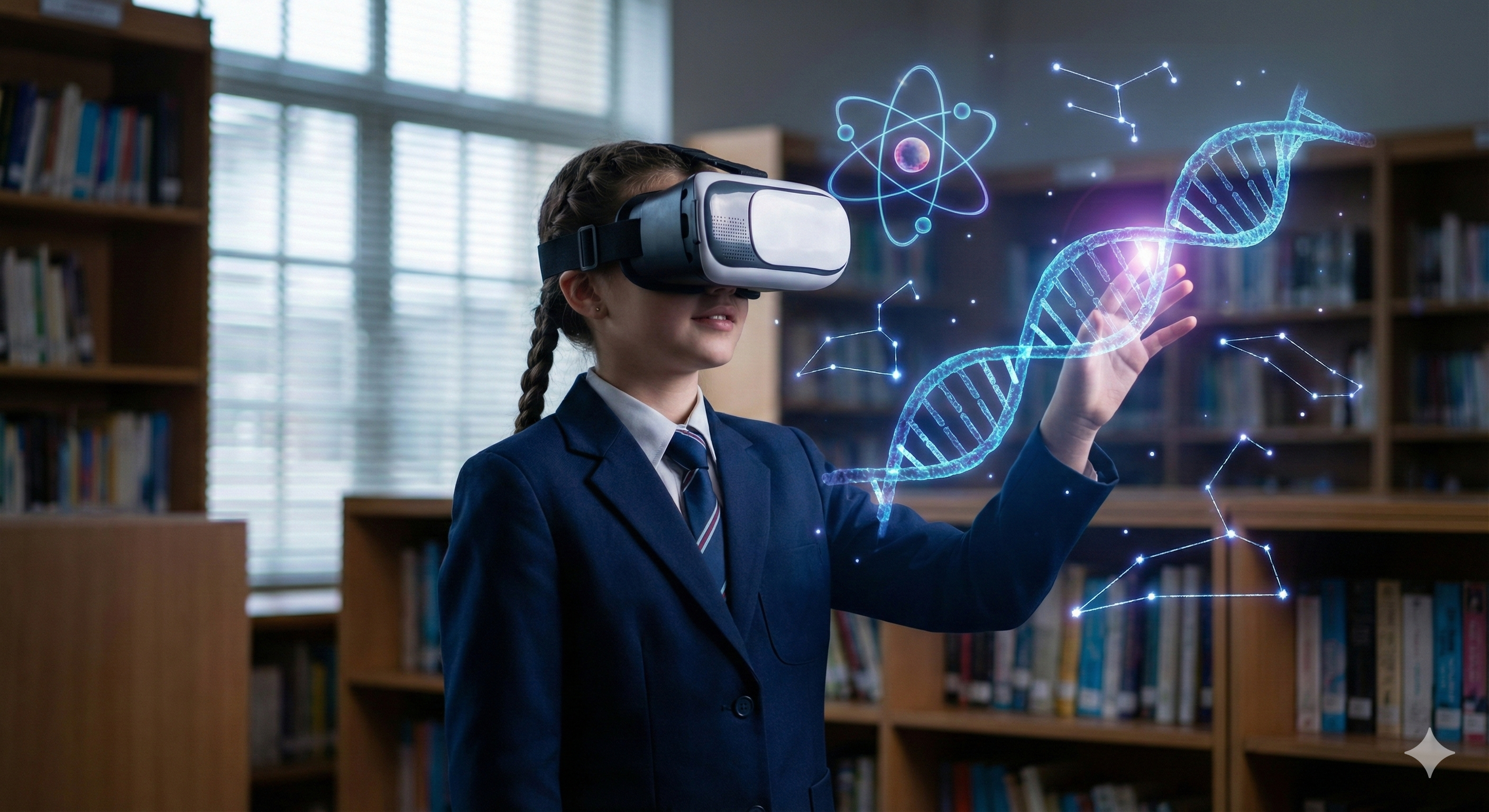 Student exploring a virtual DNA model with a VR headset