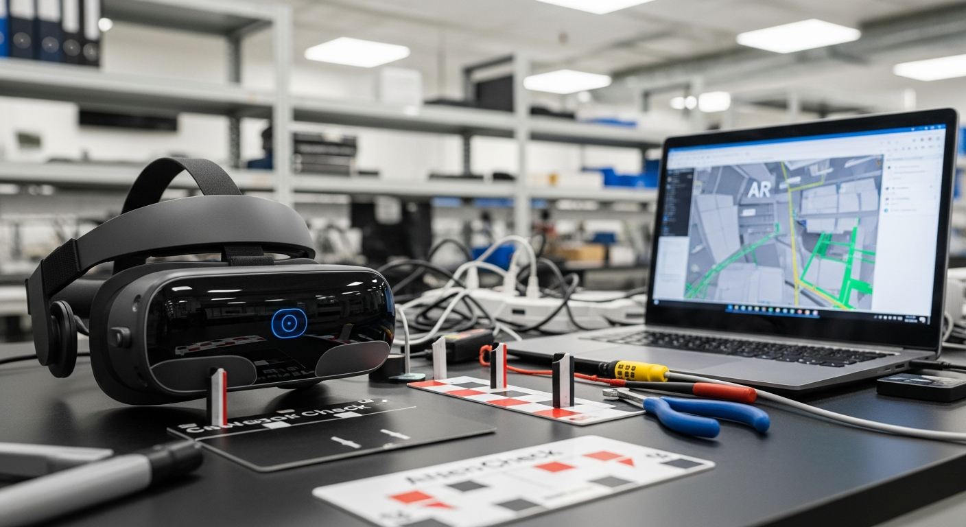 An AR headset being prepared and calibrated in a tech workspace, highlighting the technology behind AR systems.