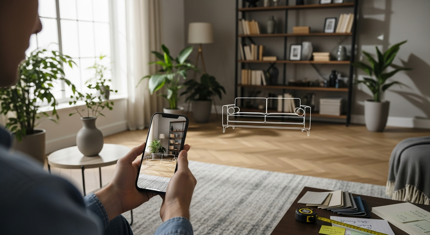 A shopper using a mobile device to preview furniture placement in their real home using AR visualization.