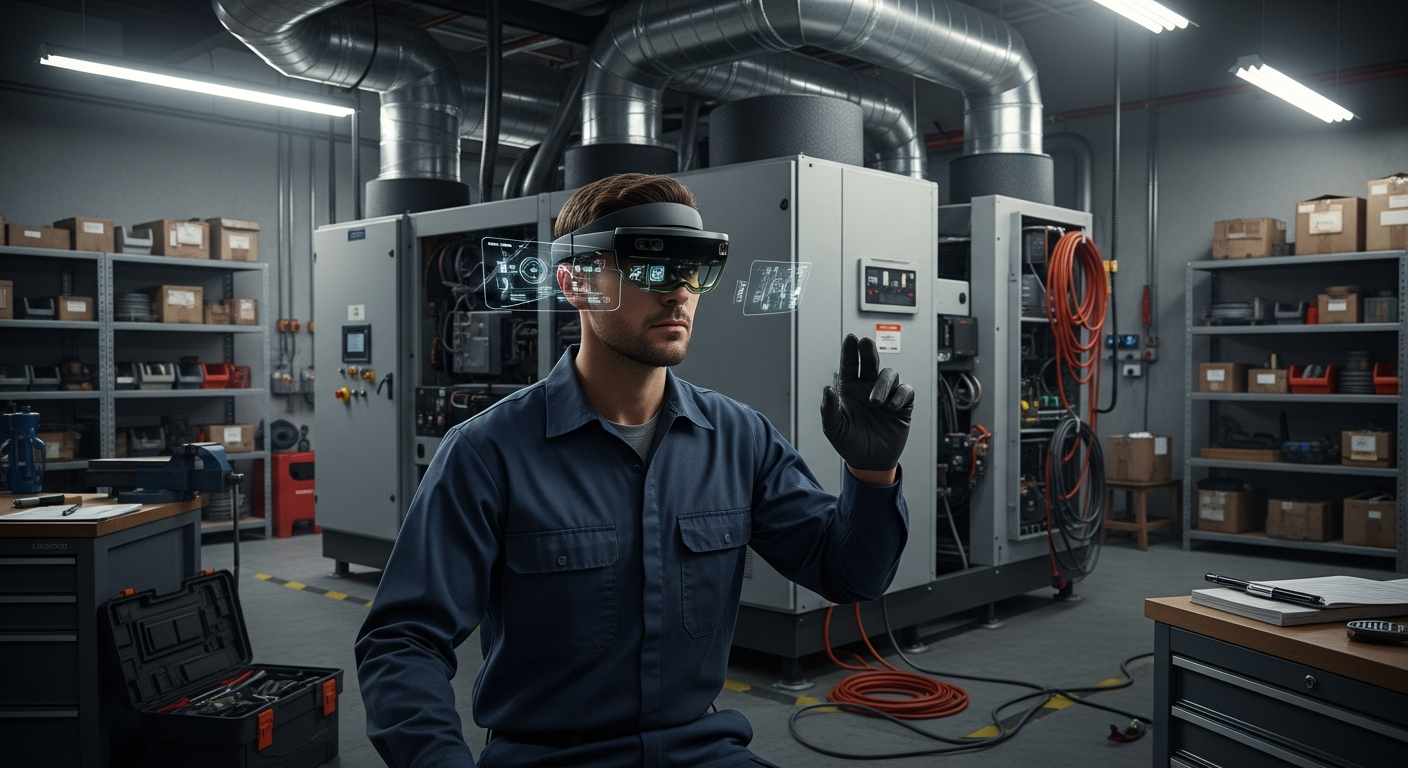 A technician wearing AR glasses following step-by-step immersive instructions inside the visor during a maintenance task.