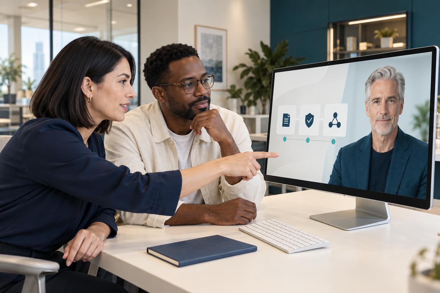 Two colleagues review a digital avatar alongside knowledge, security and integration icons