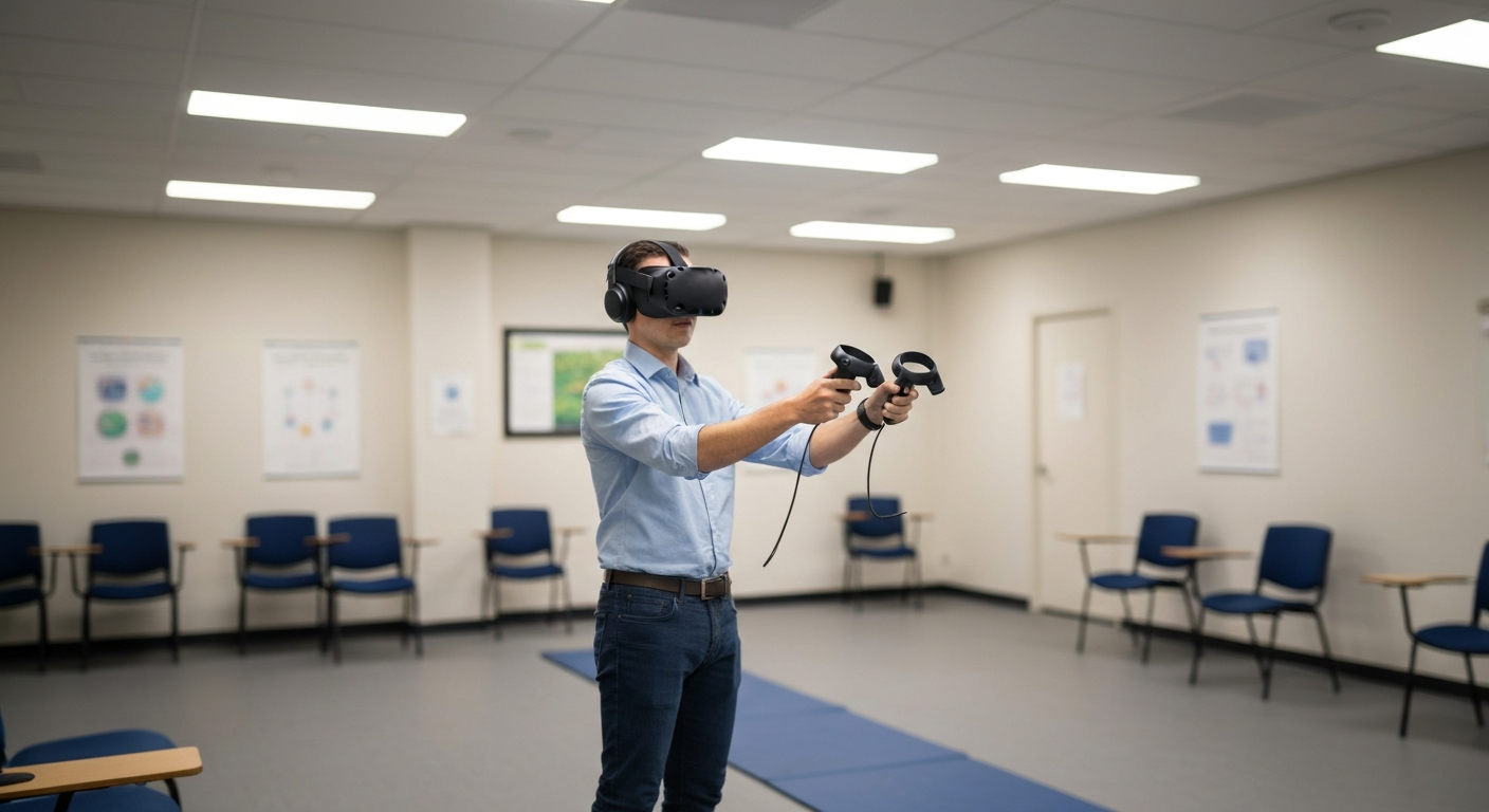 A trainee wearing a VR headset using controllers to interact with virtual objects during a hands-on VR training exercise.